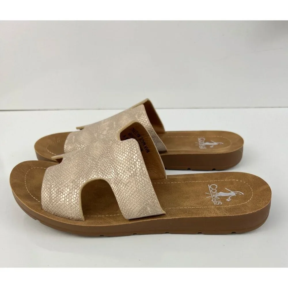 Corkys Sandals Women's 6 Bogalusa Slide Tan Faux Leather Open Toe Slip On Wedge - Picture 4 of 9